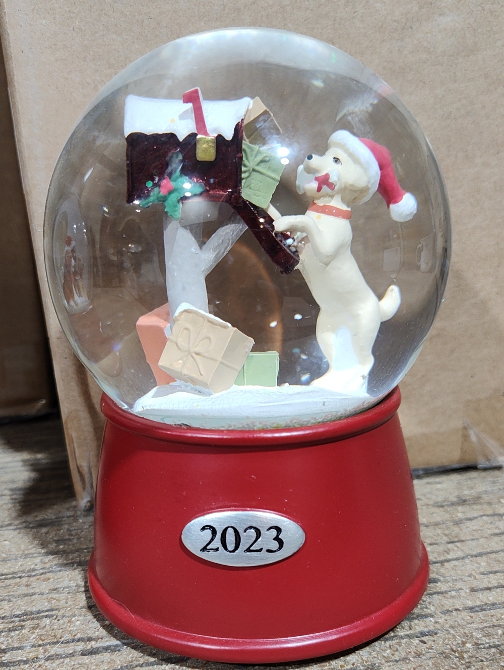 Festive Red 2023 Holiday Snow Globe with Dog Figurine- New